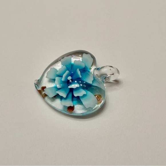 Blue Ombré Flower in Hand-Blown Glass Heart Implosion Art Glass Necklace Pendant - Picture 4 of 6
